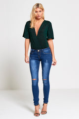 Khaki Extreme Plunge Glitter Bodysuit