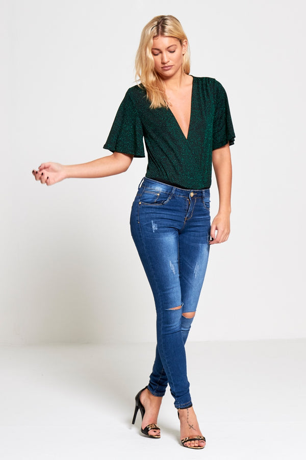 Khaki Extreme Plunge Glitter Bodysuit