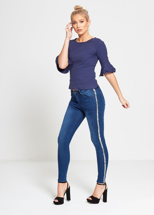 Navy Frill Sleeve Top