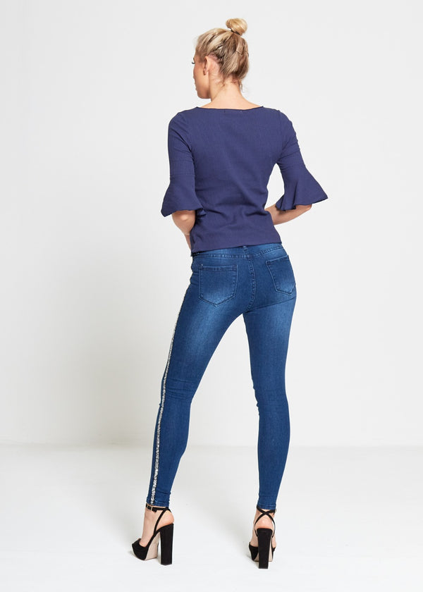 Navy Frill Sleeve Top