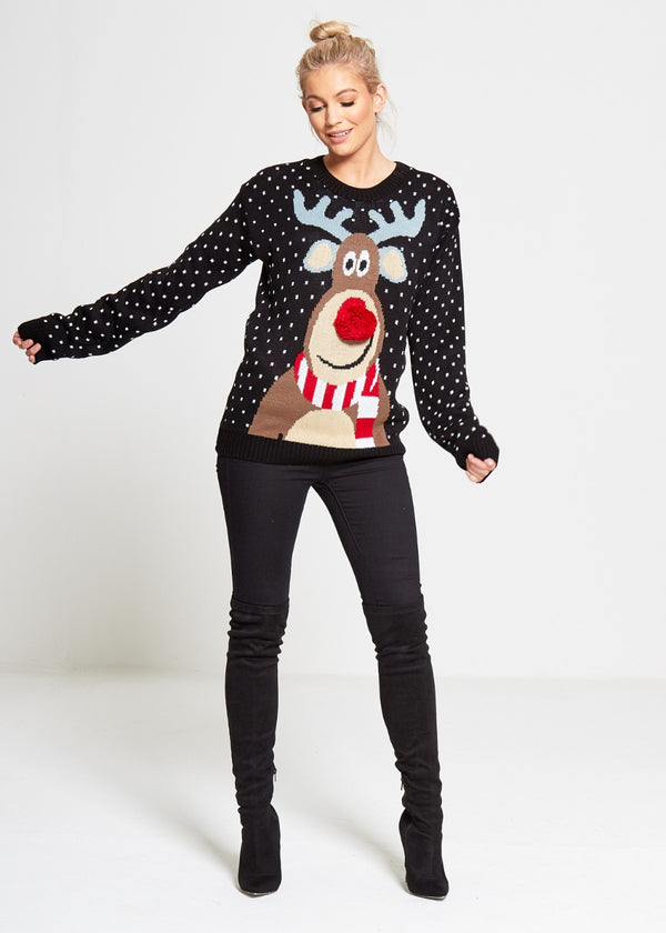 Black Rudolph Christmas Jumper With Pom Pom Detail