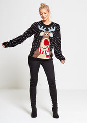 Black Rudolph Christmas Jumper With Pom Pom Detail