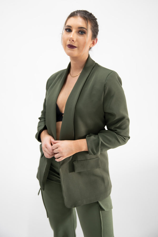 Khaki Ruched Sleeve Blazer