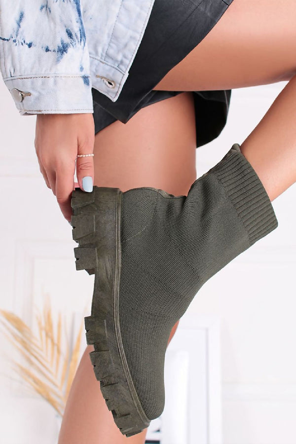 khaki Chunky Ankle Sock Boots
