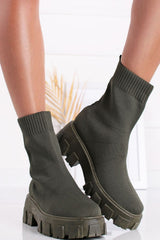 khaki Chunky Ankle Sock Boots