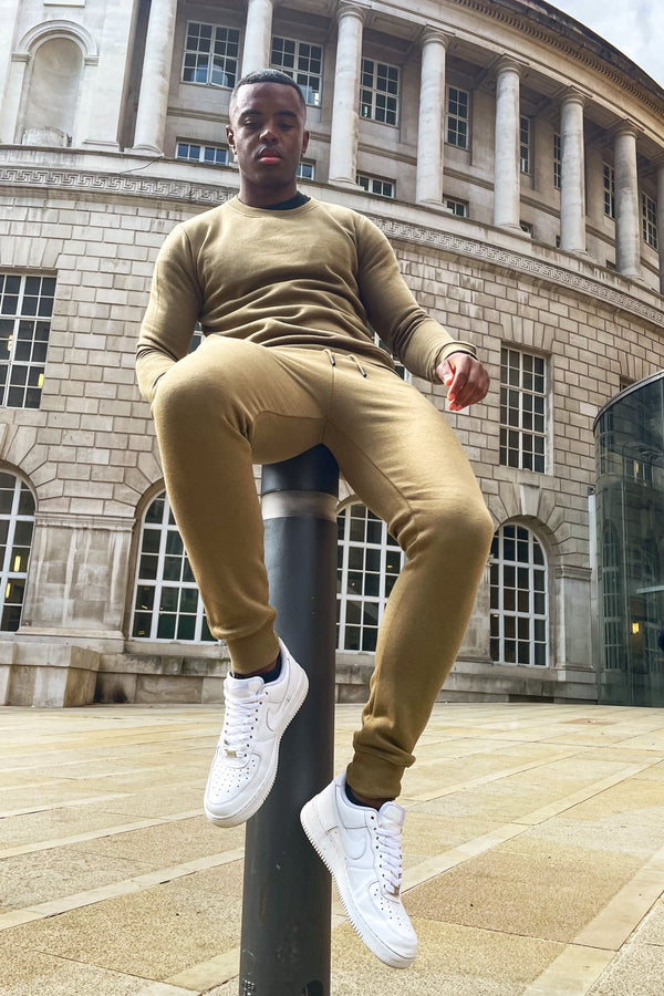 Khaki Fleece Basic Crew Neck Tracksuit