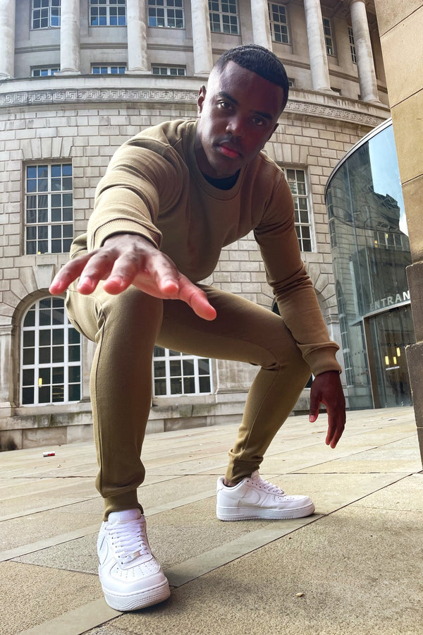 Khaki Fleece Basic Crew Neck Tracksuit