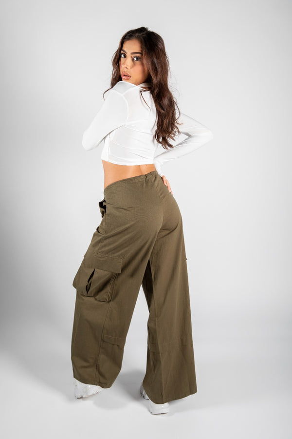 Khaki Wide Leg Cargo Trousers With Drawstring Waist 