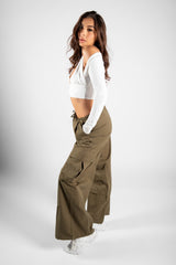 Khaki Wide Leg Cargo Trousers With Drawstring Waist 
