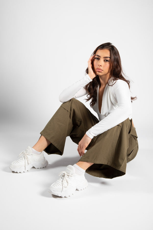 Khaki Wide Leg Cargo Trousers With Drawstring Waist 