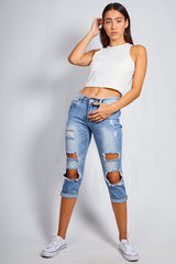Mid Wash Distressed Cropped Jeans