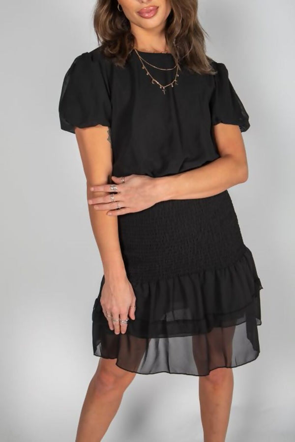 Black Frill Trim Shirred Dress