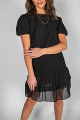 Black Frill Trim Shirred Dress