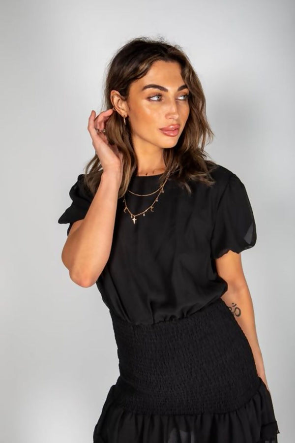 Black Frill Trim Shirred Dress