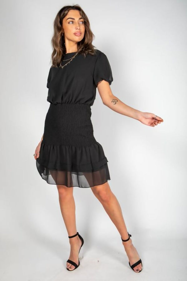 Black Frill Trim Shirred Dress