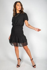 Black Frill Trim Shirred Dress