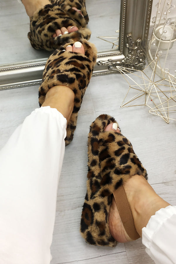 Leopard Fluffy Faux Fur Stripe Slipper