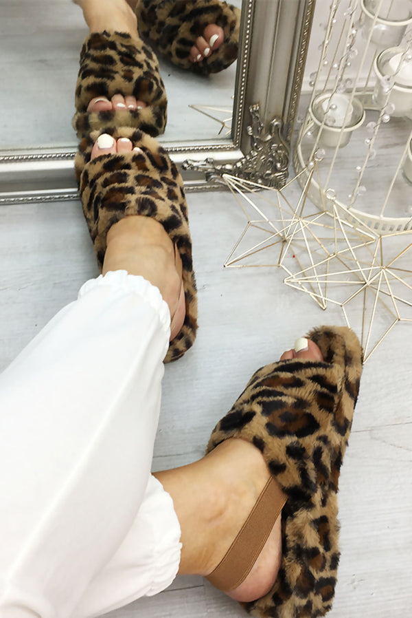 Leopard Fluffy Faux Fur Stripe Slipper