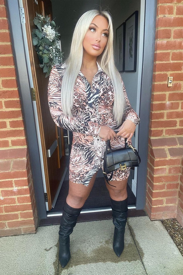 Leopard Print Button Front Ruched Mini Dress