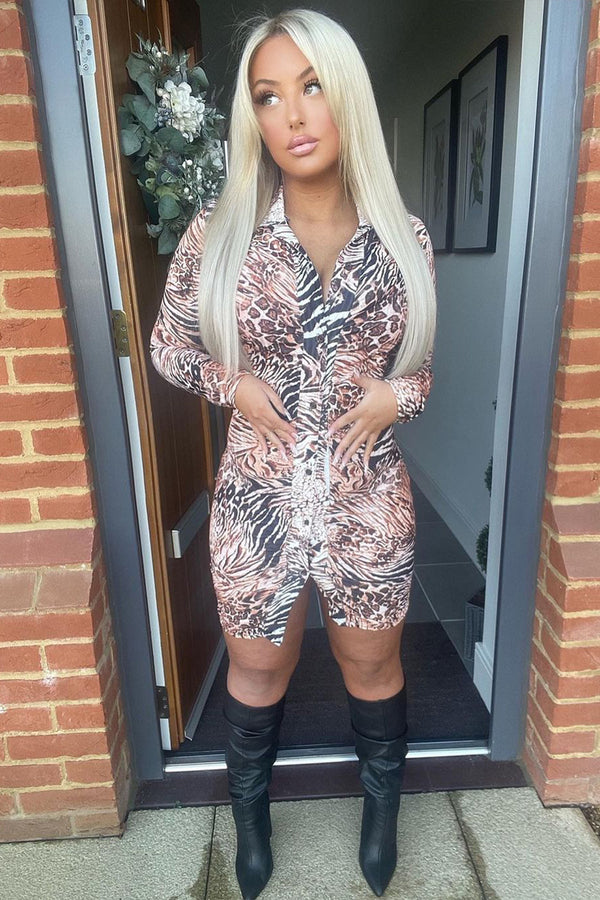 Leopard Print Button Front Ruched Mini Dress