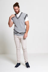 Mens Grey Sleeveless Cable Knitted V Neck Cricket Jumper