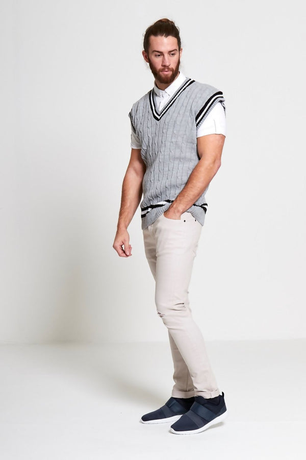 Mens Grey Sleeveless Cable Knitted V Neck Cricket Jumper