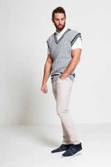 Mens Grey Sleeveless Cable Knitted V Neck Cricket Jumper