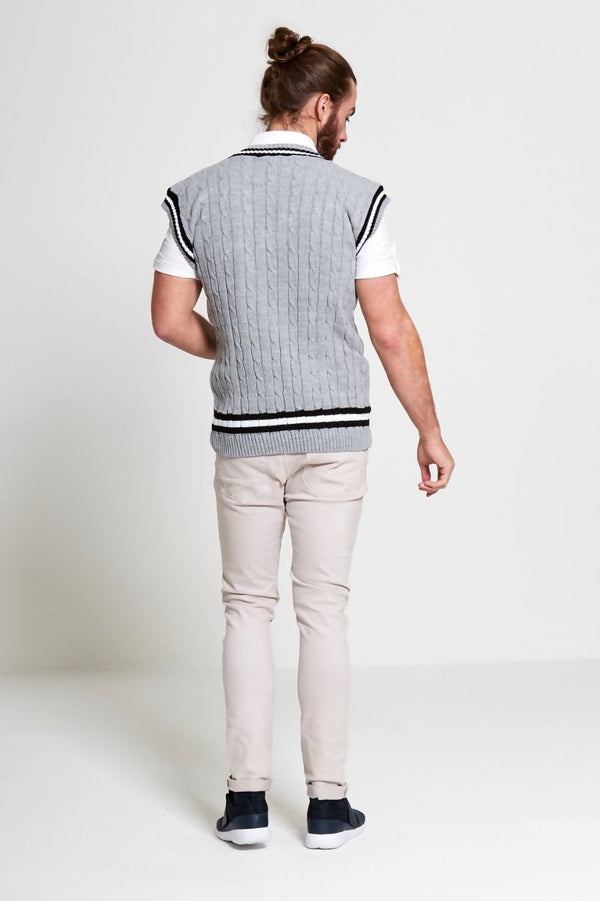 Mens Grey Sleeveless Cable Knitted V Neck Cricket Jumper