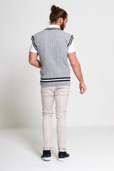 Mens Grey Sleeveless Cable Knitted V Neck Cricket Jumper
