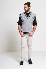 Mens Grey Sleeveless Cable Knitted V Neck Cricket Jumper