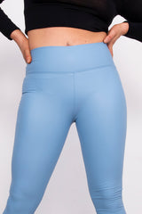 Light Blue Leather Look High Waist Leggings