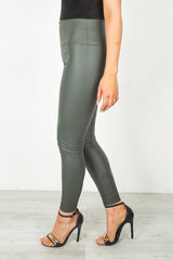 Khaki High Waist PU Look Leggings