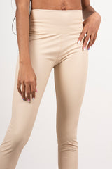 Beige Leather Look High Waist Leggings 