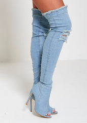 Light Denim Ripped Thigh Boots