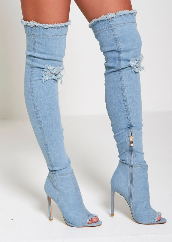 Light Denim Ripped Thigh Boots