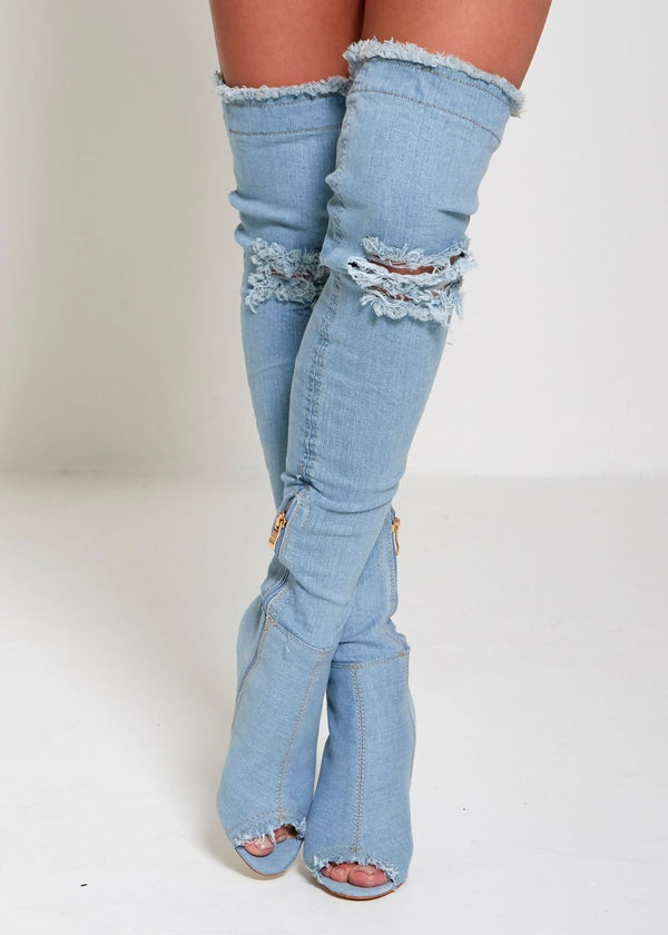 Light Denim Ripped Thigh Boots