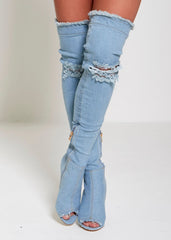 Light Denim Ripped Thigh Boots