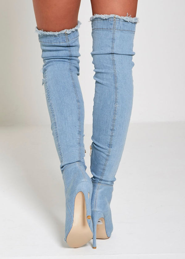 Light Denim Ripped Thigh Boots
