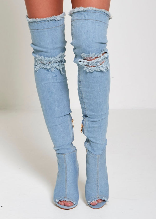 Light Denim Ripped Thigh Boots