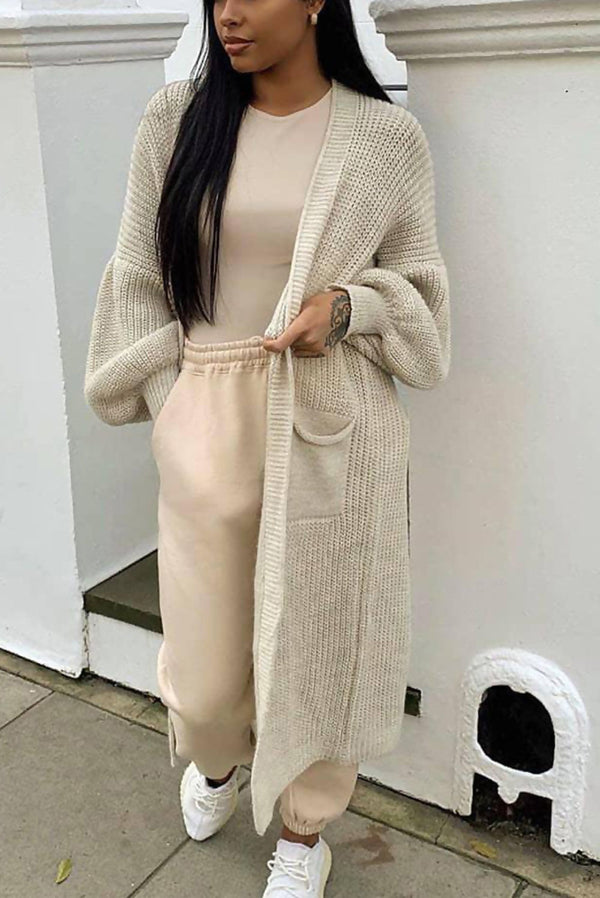 Beige Longline Balloon Sleeve Knitted Cardigan