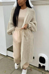Beige Longline Balloon Sleeve Knitted Cardigan