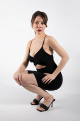 Black Cut Out Cross Over Ruched Dress