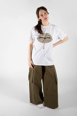 White Leopard Lip Graphic Printed Oversized T-Shirt