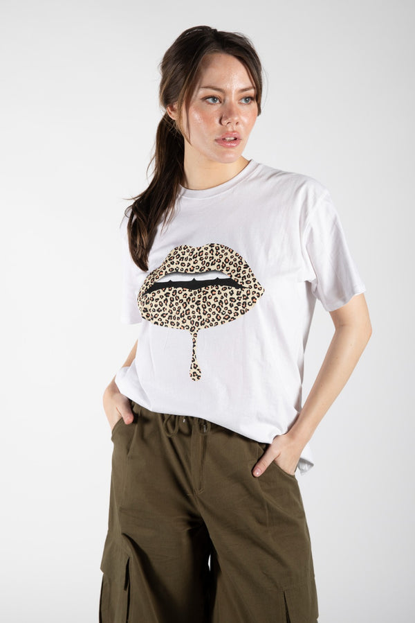 White Leopard Lip Graphic Printed Oversized T-Shirt