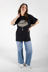 Black Leopard Lip Graphic Printed Oversized T-Shirt