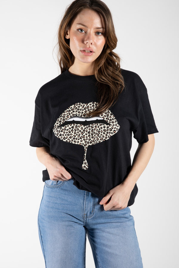 Black Leopard Lip Graphic Printed Oversized T-Shirt