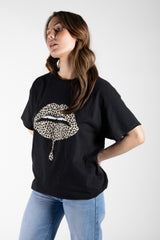 Black Leopard Lip Graphic Printed Oversized T-Shirt