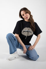 Black Leopard Lip Graphic Printed Oversized T-Shirt
