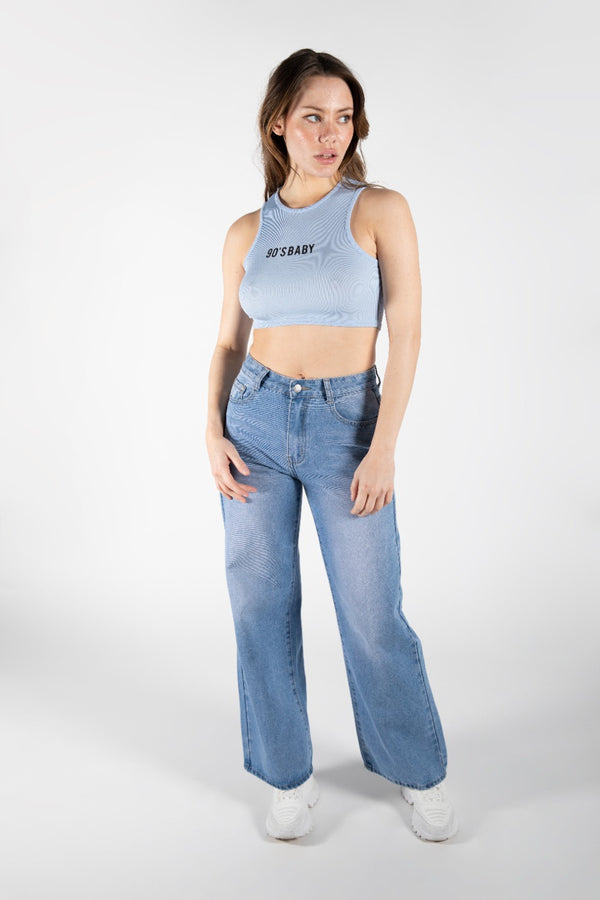 Blue 90s Baby Ribbed High Neck Crop Vest
