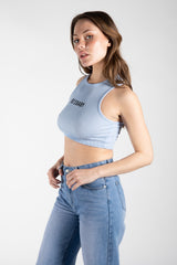 Blue 90s Baby Ribbed High Neck Crop Vest
